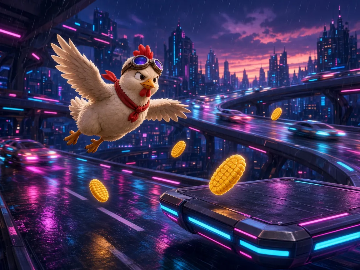 Chicken Road 2 key art: a hen wearing aviator goggles and a red scarf gliding over a neon-lit multi-level city highway in the rain.