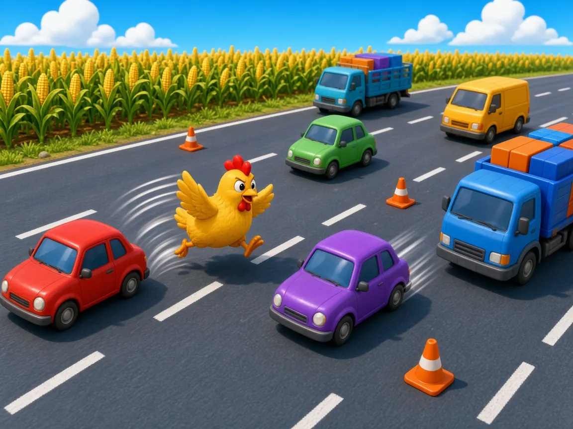 Chicken Road key art: a cartoon hen dashing between colourful cars on a four-lane highway beside a cornfield.