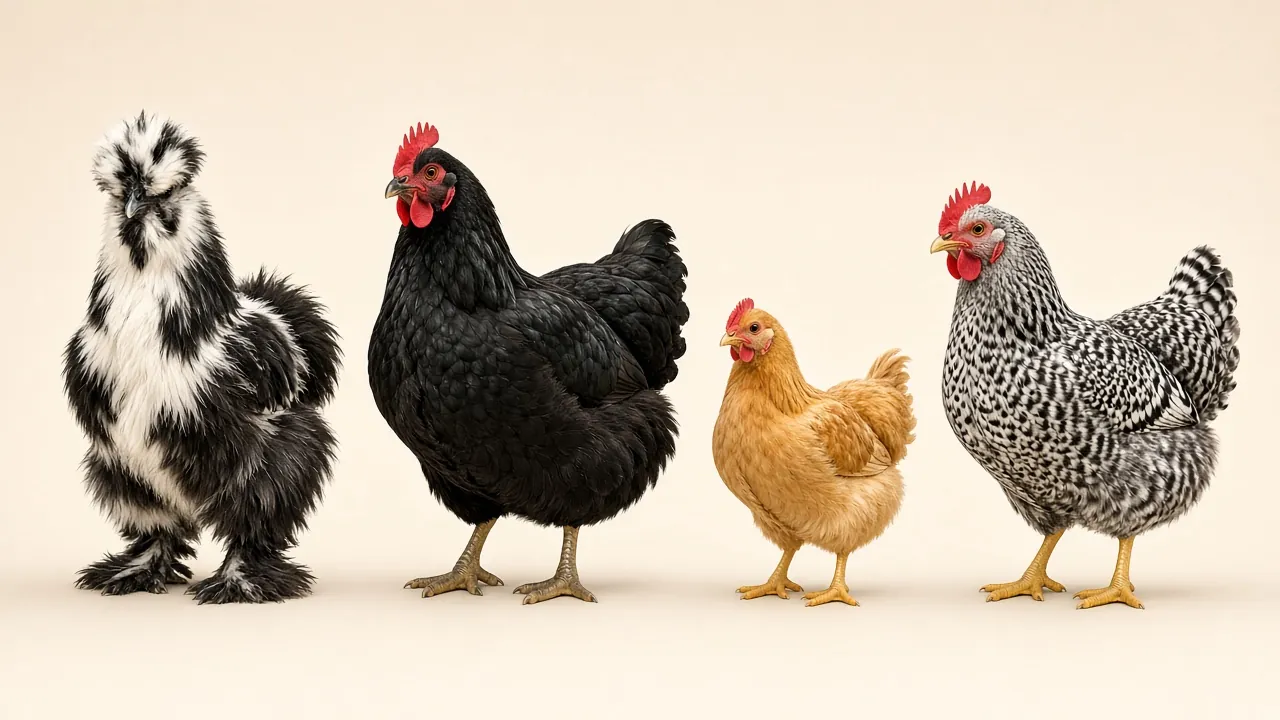 Four chicken breeds side by side: a fluffy black and white Silkie, a large black Jersey Giant, a small golden bantam and a barred Plymouth Rock.