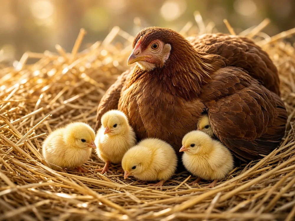 A brown mother hen sitting in golden straw surrounded by five fluffy yellow chicks.