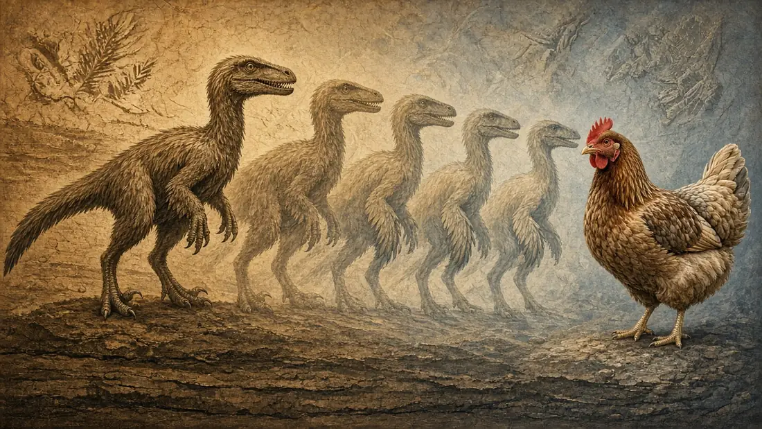 An illustration of a feathered theropod dinosaur transitioning across five stages into a modern hen.