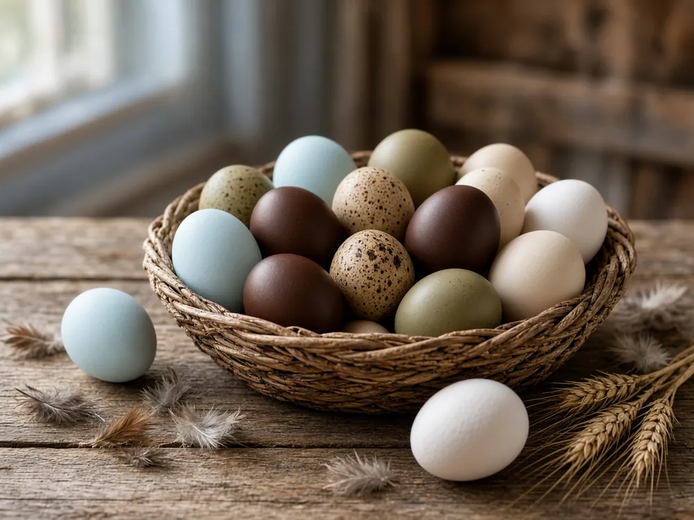 A woven basket of chicken eggs in pale blue, olive, speckled, chocolate brown, cream and white.