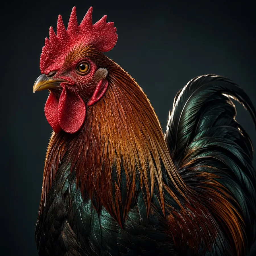 A studio portrait of a rooster in profile with copper neck feathers, iridescent green-black plumage and a bright red comb.